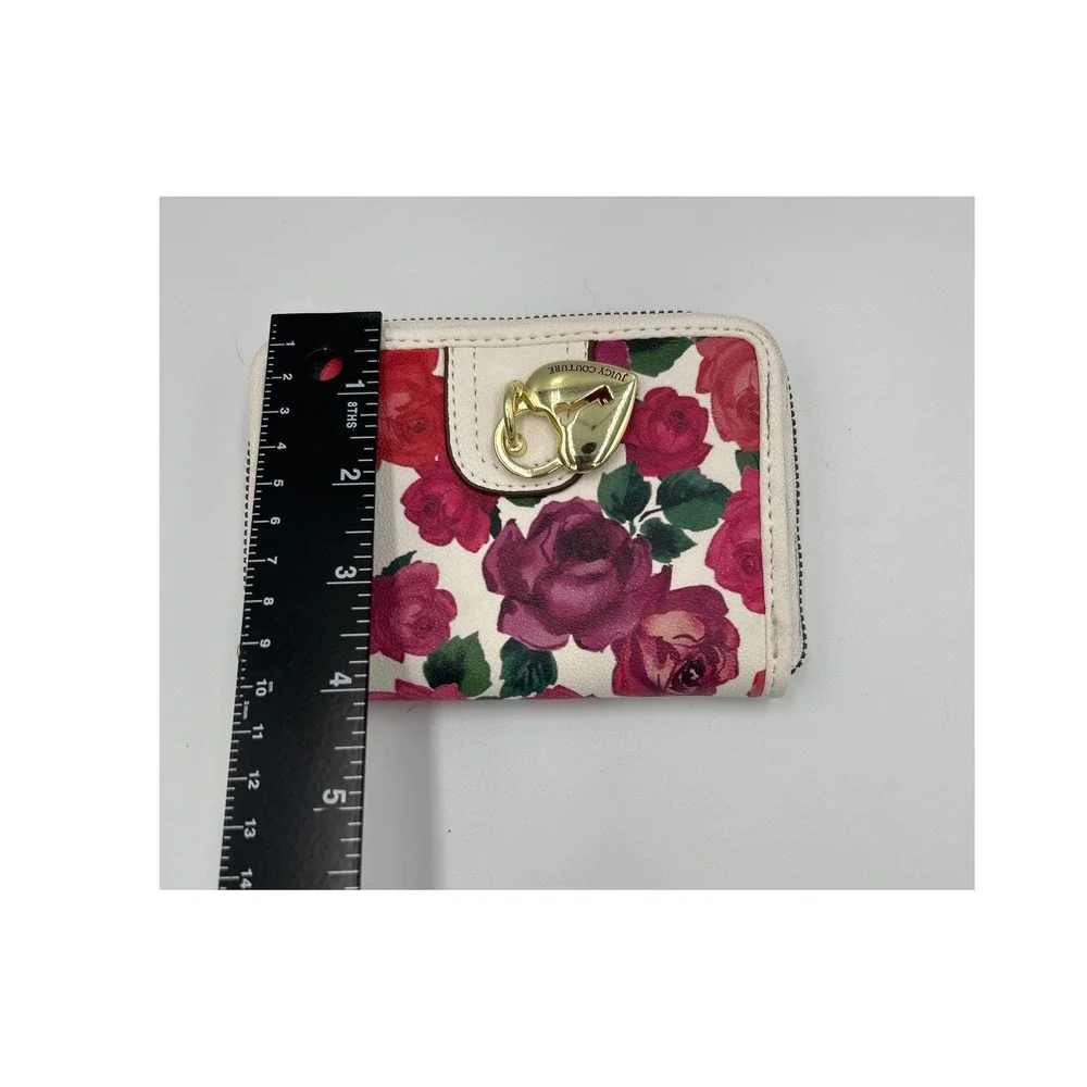 Juicy Couture Floral Rose‎ Bifold Wallet Cream Red Pink Gold Heart Lock Charm